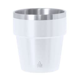 A drink bottle in white with a stainless steel rim, featuring a logo at the base.