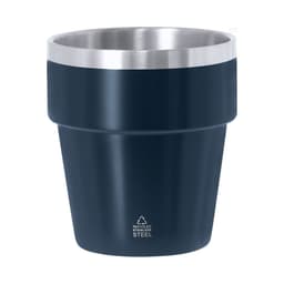 A drink bottle in a navy blue finish with a stainless steel band and a logo on the base. Made from recycled stainless steel.