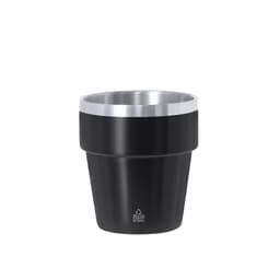 A drink bottle in black stainless steel with a silver rim, featuring a tapered, pot-like design and a logo.
