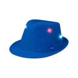 A blue hat with a wide brim and built-in lights. It features a logo on the side.