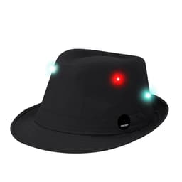 A black fedora hat with built-in lights and a logo. The hat features red and green LED lights.