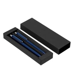 Two blue pens in a black gift box with a sleek design. The box is open, displaying the writing instruments.