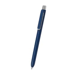 A navy blue pen with a silver clip and tip, featuring a sleek, modern design and a logo on its body.
