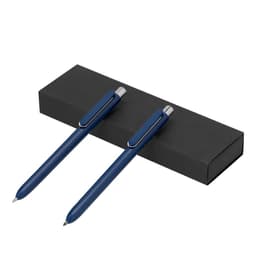 A navy blue pen set displayed on a black box. The set includes two sleek pens with silver accents.