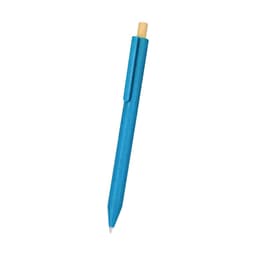 A blue pen with a wooden clip, featuring a smooth barrel design and a logo near the top.