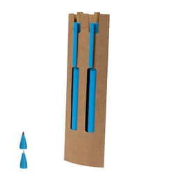 A cardboard display holding three blue pens, with two matching pen caps positioned beside it.