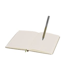 An open notebook with blank pages and a grey pen resting on it, featuring a glittery barrel.
