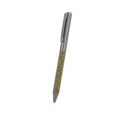 A grey pen with a glittery gold grip and a silver clip. Features a logo on the barrel.