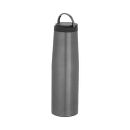 A drink bottle in a sleek, grey stainless steel design with a fitted cap and handle.