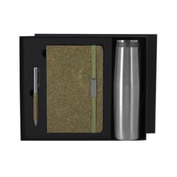 A green notebook, a silver drink bottle, and a pen contained in a black gift box.