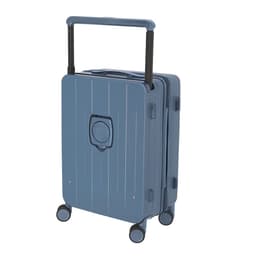 A wheeled bag in a blue hue with a textured finish and four wheels for easy movement, featuring a retractable handle.