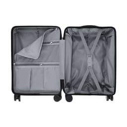 A wheeled bag in black with a grey interior, featuring multiple compartments and straps for securing items.