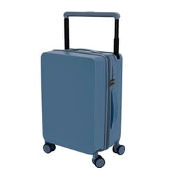 A wheeled bag in soft blue with a sturdy handle and four wheels for easy mobility. It features a logo.