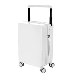 A wheeled bag in white with a retractable handle and four wheels for easy mobility. It includes a branding logo.