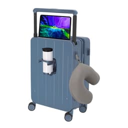 A blue wheeled bag with a retractable handle, holding a tablet, a drink bottle, and a neck pillow.