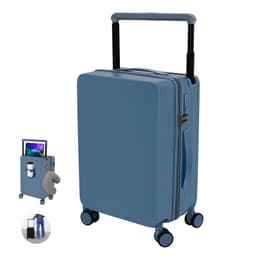 A wheeled bag in light blue with a retractable handle and four wheels, featuring a logo and an outline of a drink holder.