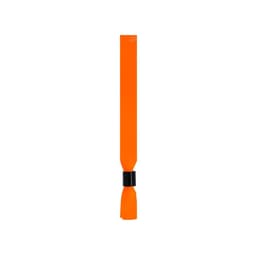An orange event wristband featuring a black fastening. The design is simple and minimalistic.