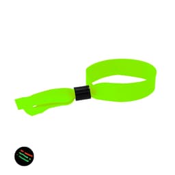 A bright green wristband with a black clasp. It features a smooth texture and a simple design.
