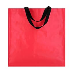 A red promotional bag with black handles and a simple design, featuring a logo.