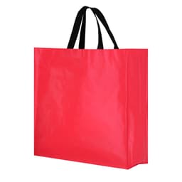 A red bag with black handles and a glossy finish, featuring a branding logo.