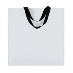 A grey bag with black handles, featuring a simple design and an unembellished surface. It has a logo on it.