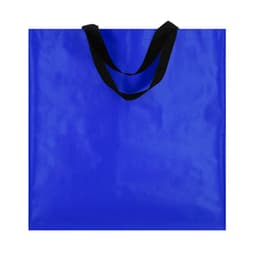 A blue bag with black handles, featuring a simple design and no visible branding.