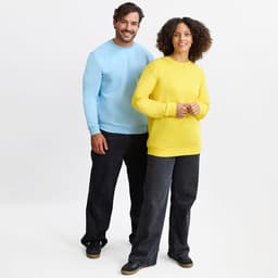 A light blue hoodie and a bright yellow hoodie worn by a man and a woman, both with casual dark pants.