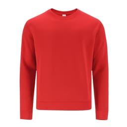 A red hoodie featuring a classic crew neck design and long sleeves, with a logo on the front.