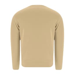 A beige hoodie with a simple design, featuring long sleeves and a round neckline. It has a branded logo on the back.
