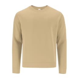 A beige sweatshirt features long sleeves and a crew neckline, with a branding logo on the inside label.