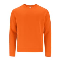 An orange hoodie with a crew neck and long sleeves, featuring a logo on the front.