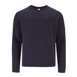 A navy blue hoodie featuring a classic crew neck and long sleeves, with a logo on the front.
