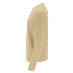 A beige hoodie with long sleeves and a round neckline, featuring a subtle logo on the side.