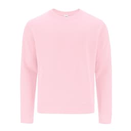 A pink hoodie with long sleeves and a casual crew neck. It features a logo on the tag.