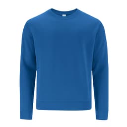 A blue hoodie with a classic crew neck and long sleeves, featuring a logo on the front.
