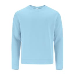 A light blue sweater with long sleeves and a round neckline, featuring a logo on the front.