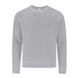 A grey sweater with long sleeves and a classic crew neck style, featuring a logo on the label.