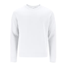 A white hoodie with a round neck and long sleeves, featuring a logo.