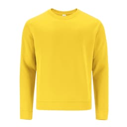 A bright yellow sweater with long sleeves and a crew neck. It has a simple design and a logo on the label.