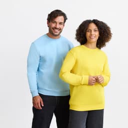 A blue hoodie worn by a man and a yellow hoodie worn by a woman, both smiling. The hoodies have branding on them.