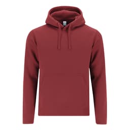 A red hoodie with a front pocket and a drawstring hood, featuring a logo on the label.