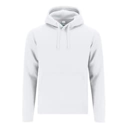 A white hoodie featuring a front pouch pocket and a drawstring hood. It has a logo on the label.