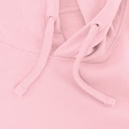 A pink hoodie with visible drawstrings, featuring a casual design and a branding logo.
