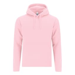 A pink hoodie with a front pocket and a drawstring hood. The hoodie features a branding logo.