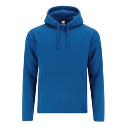A blue hoodie with a front pocket and drawstrings on the hood, featuring a branded logo.