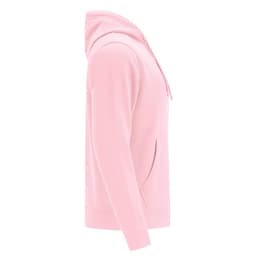 A pink hoodie with a kangaroo pocket and a hood, featuring a simple design and a logo.