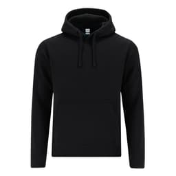 A black hoodie with a front pocket and a drawstring hood. Features a logo on the label.