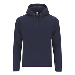 A navy hoodie featuring a front pocket and a drawstring hood. It has a logo on the chest area.