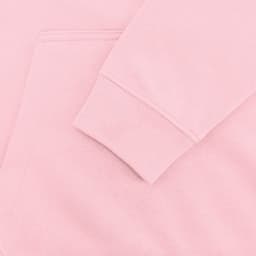 A pink hoodie featuring a front pocket and cuffed sleeves, with a branding logo on it.