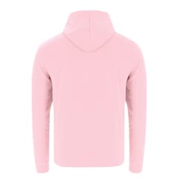 A pink hoodie featuring a hood and a minimalist design at the back. It has a logo at the neckline.